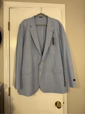 Stafford Light Blue & White Striped Seersucker Blazer